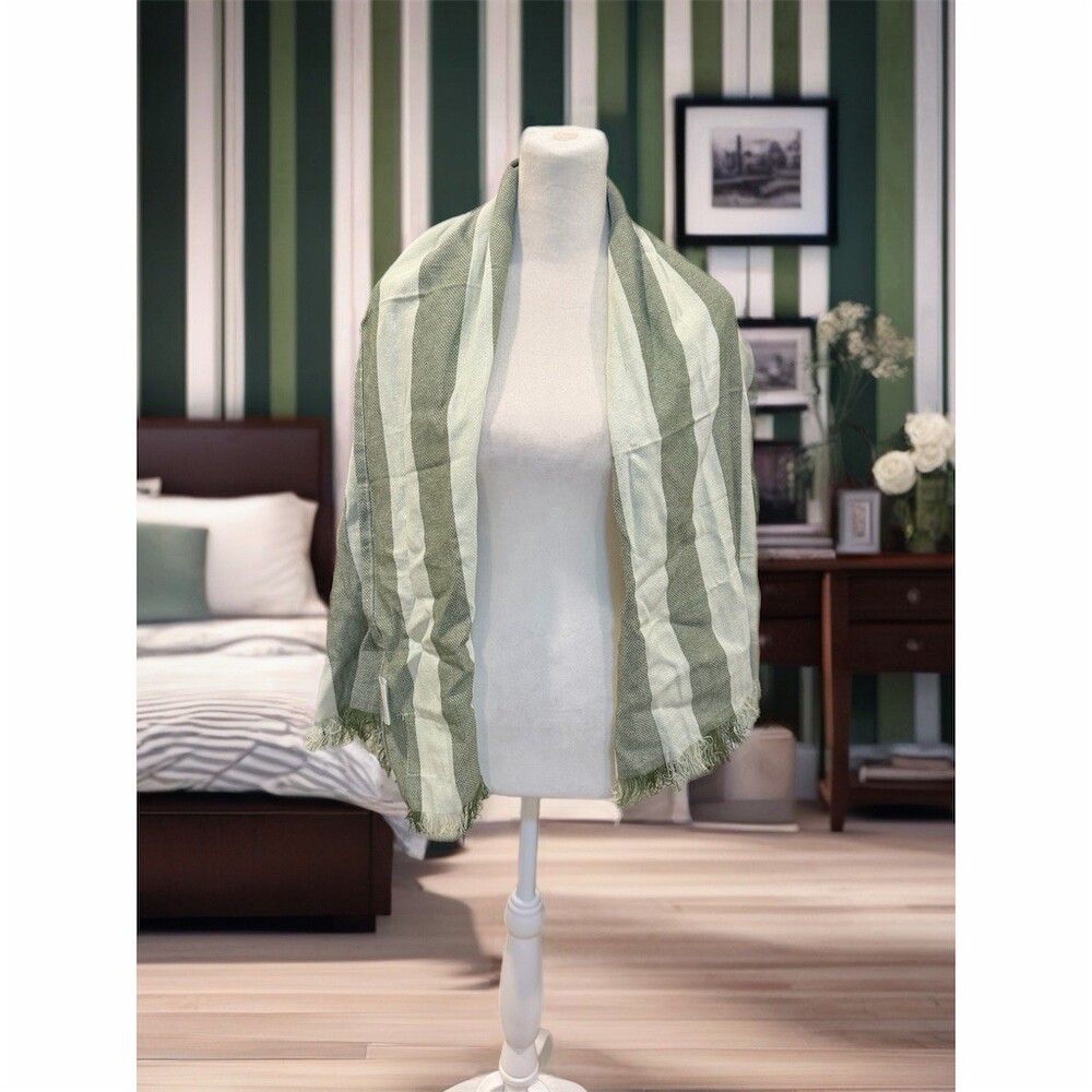 Prose Shawl Wrap Womens Green & White Striped Lightweight Fringe Scarf